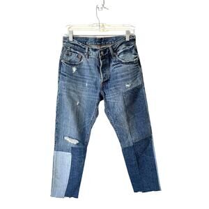 Levi's High Rise Color Block Raw Hem Straight Ankle Denim Jeans Blue Size 27